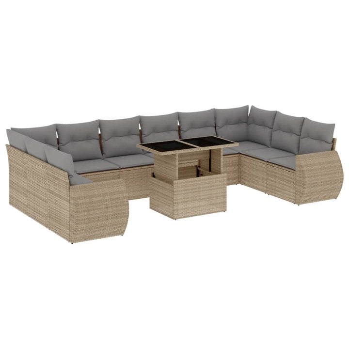 11-delige Tuinset met kussens poly rattan beige