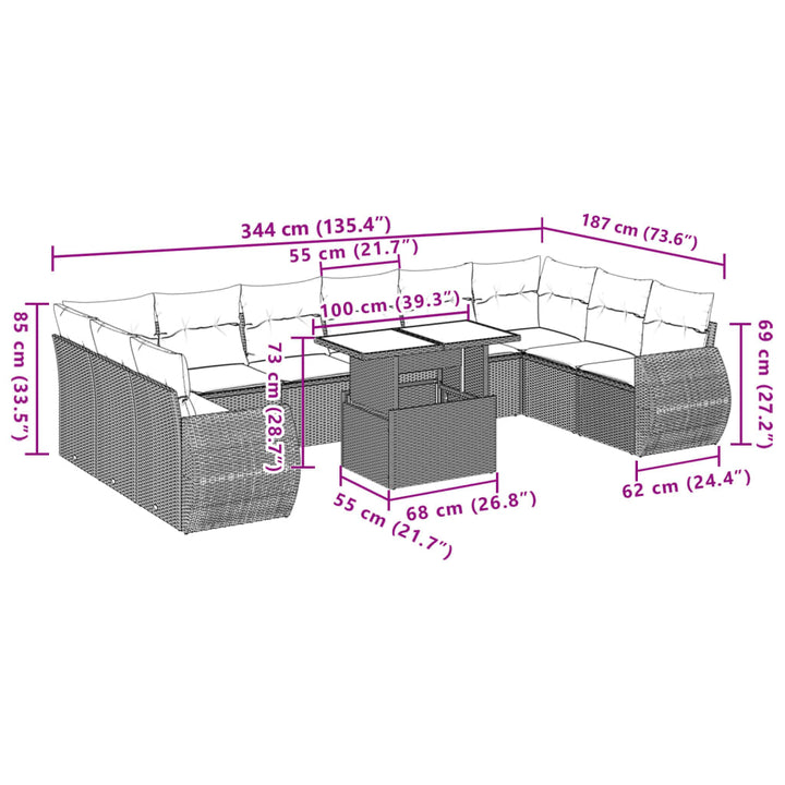 11-delige Tuinset met kussens poly rattan beige