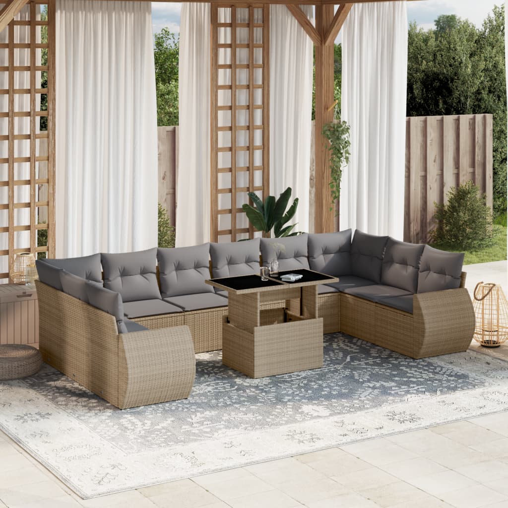 11-delige Tuinset met kussens poly rattan beige