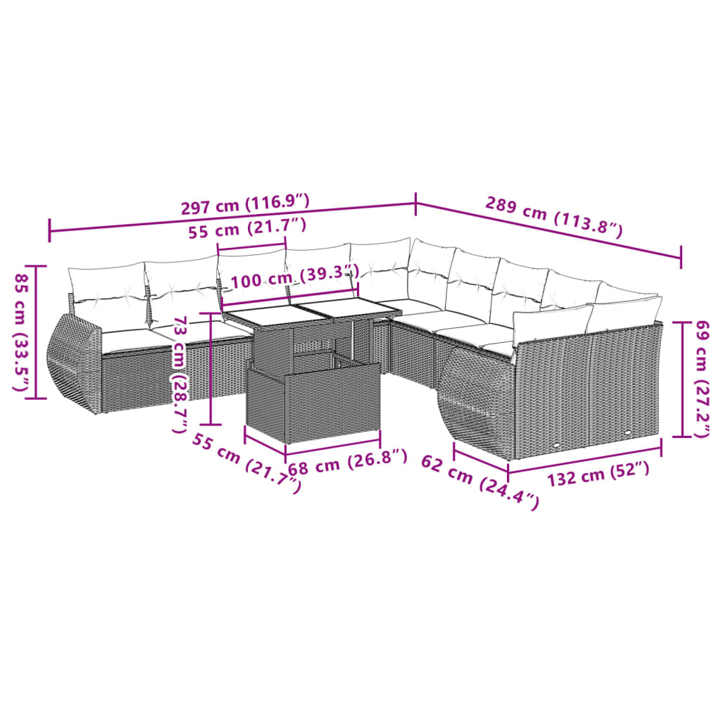 11-delige Tuinset met kussens poly rattan beige