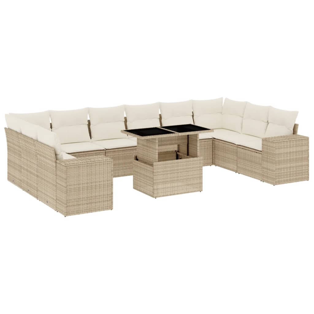 11-delige Tuinset met kussens poly rattan beige