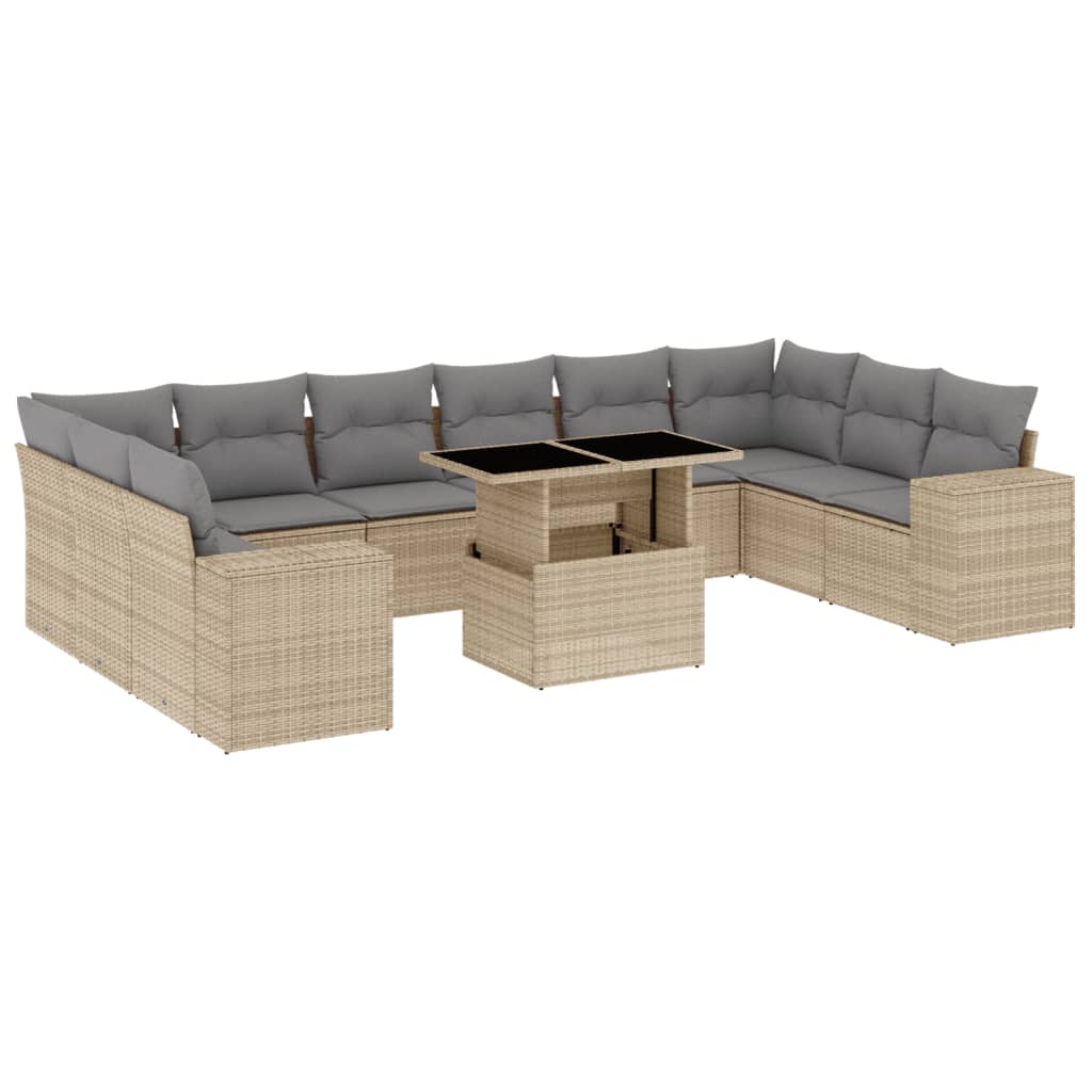 11-delige Tuinset met kussens poly rattan beige