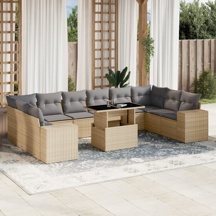 11-delige Tuinset met kussens poly rattan beige