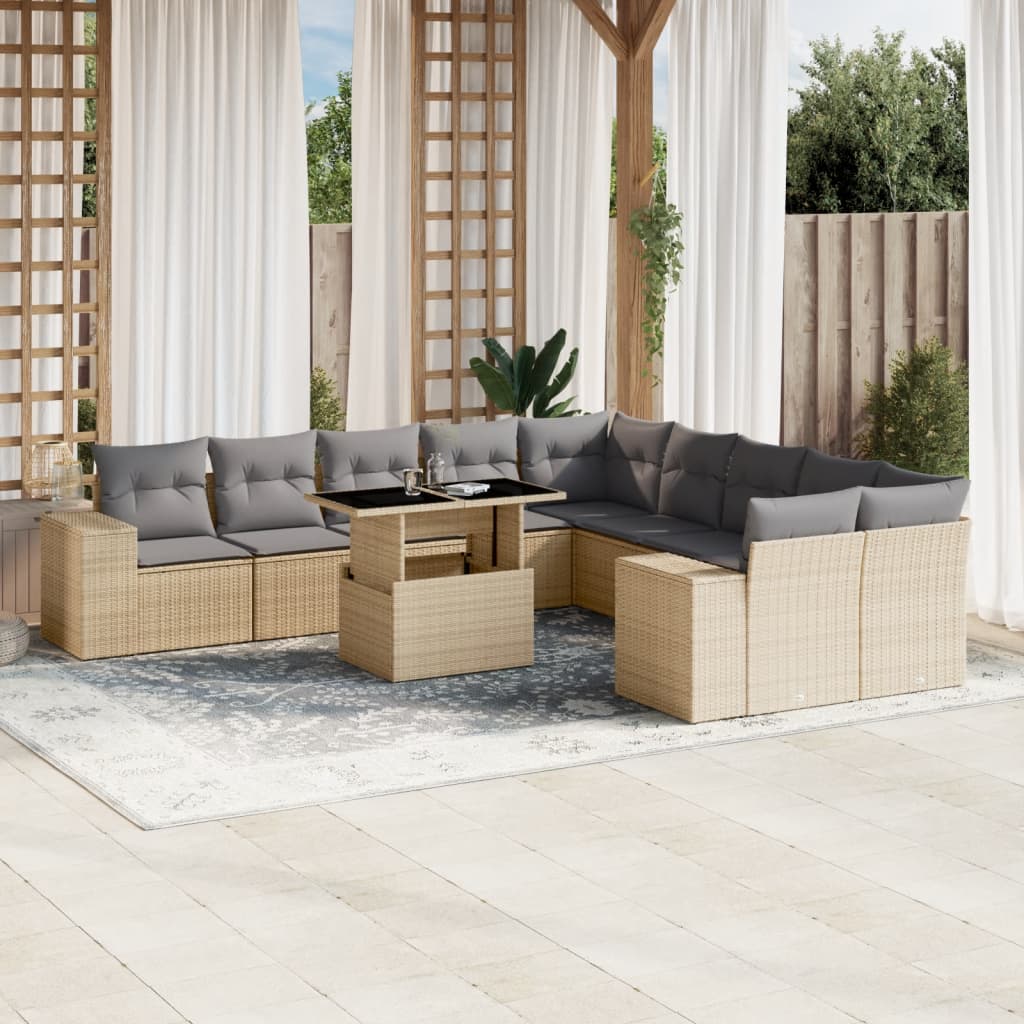 11-delige Tuinset met kussens poly rattan beige