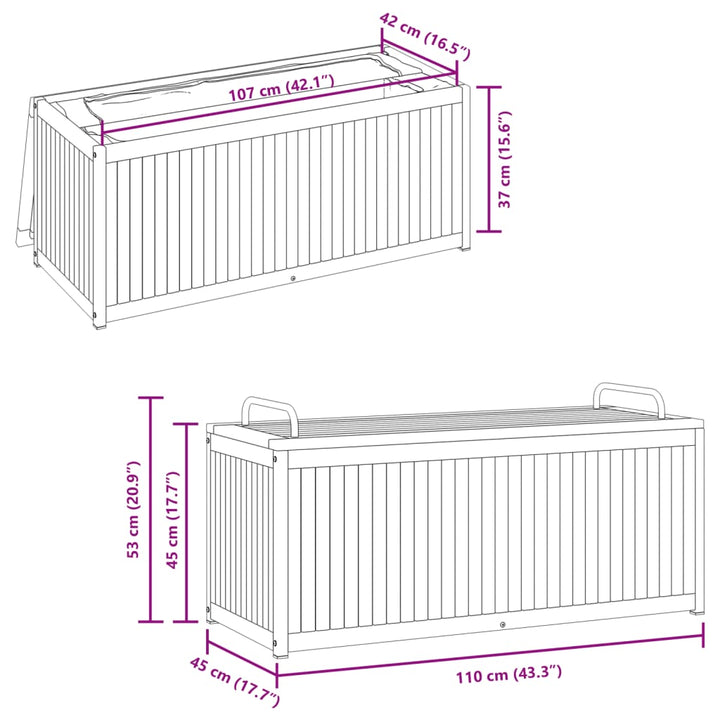 Kussenbox 110x45x42/53 cm massief acaciahout en staal