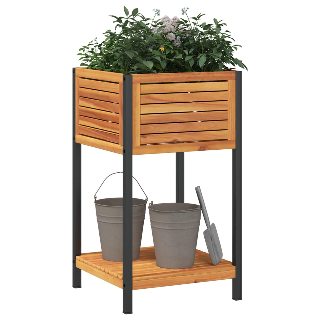 Plantenbak met schap 45x45x80 cm massief acaciahout en staal