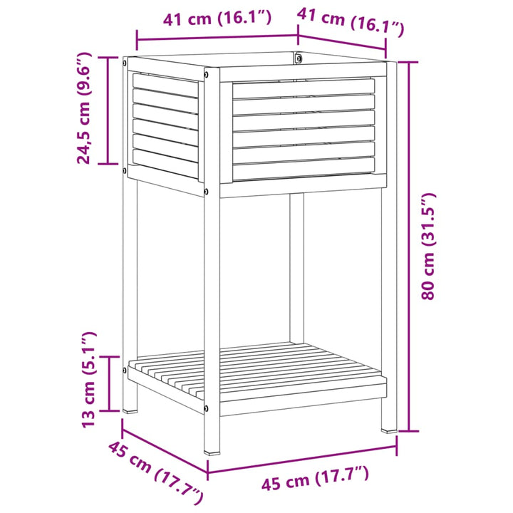 Plantenbak met schap 45x45x80 cm massief acaciahout en staal