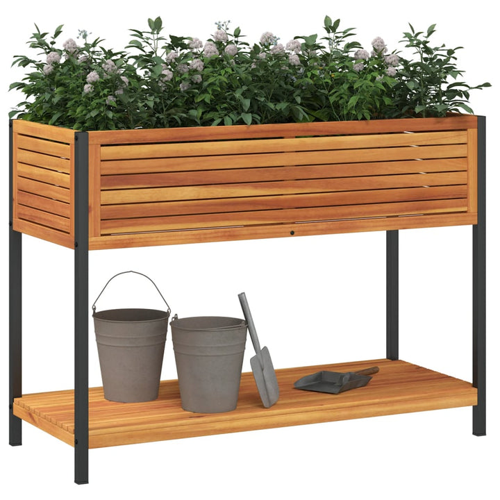 Plantenbak met schap 110x45x80 cm massief acaciahout en staal