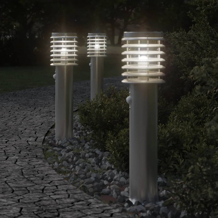 Buitenvloerlampen 3 st met sensoren 60 cm roestvrijstaal zilver