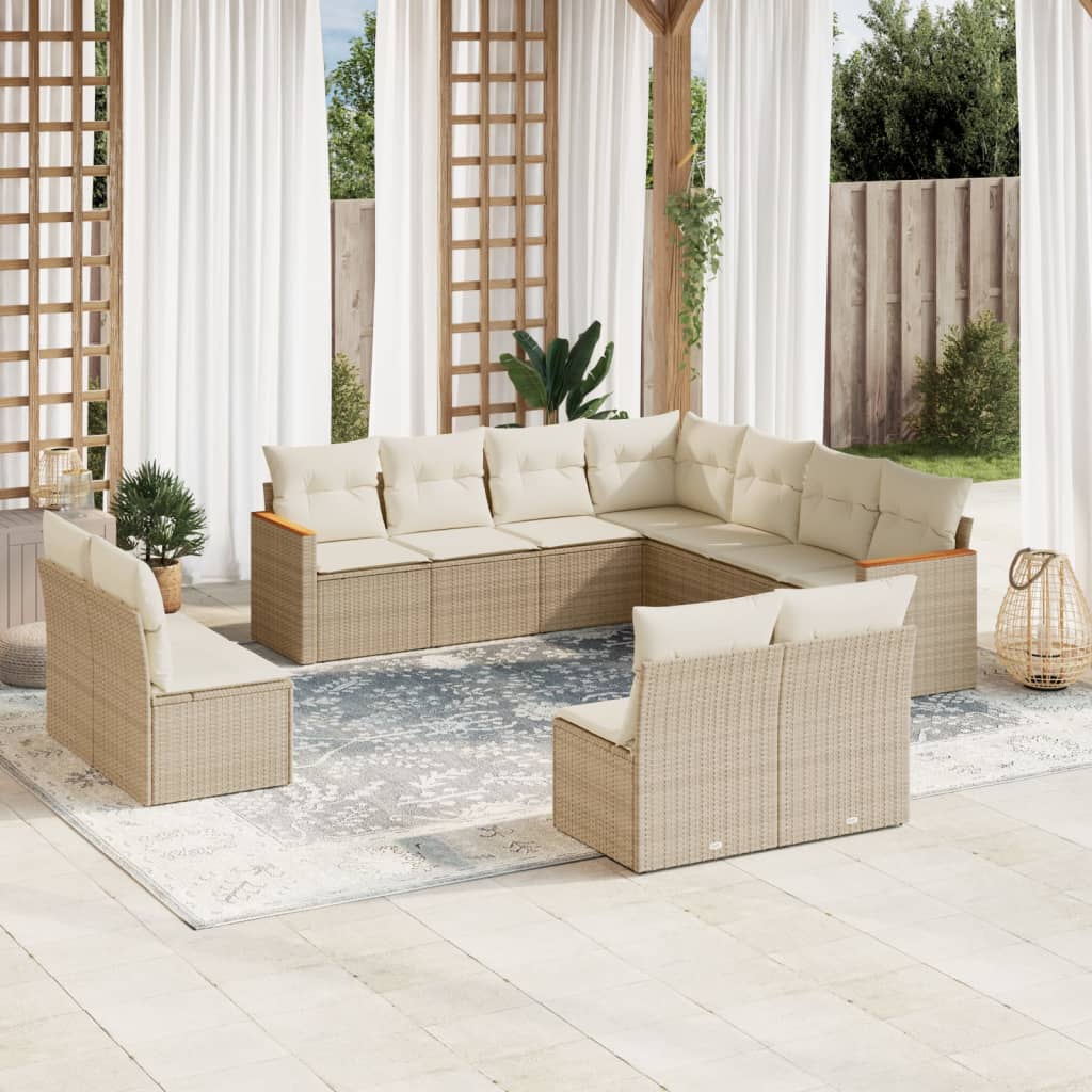 11-delige Tuinset met kussens poly rattan beige