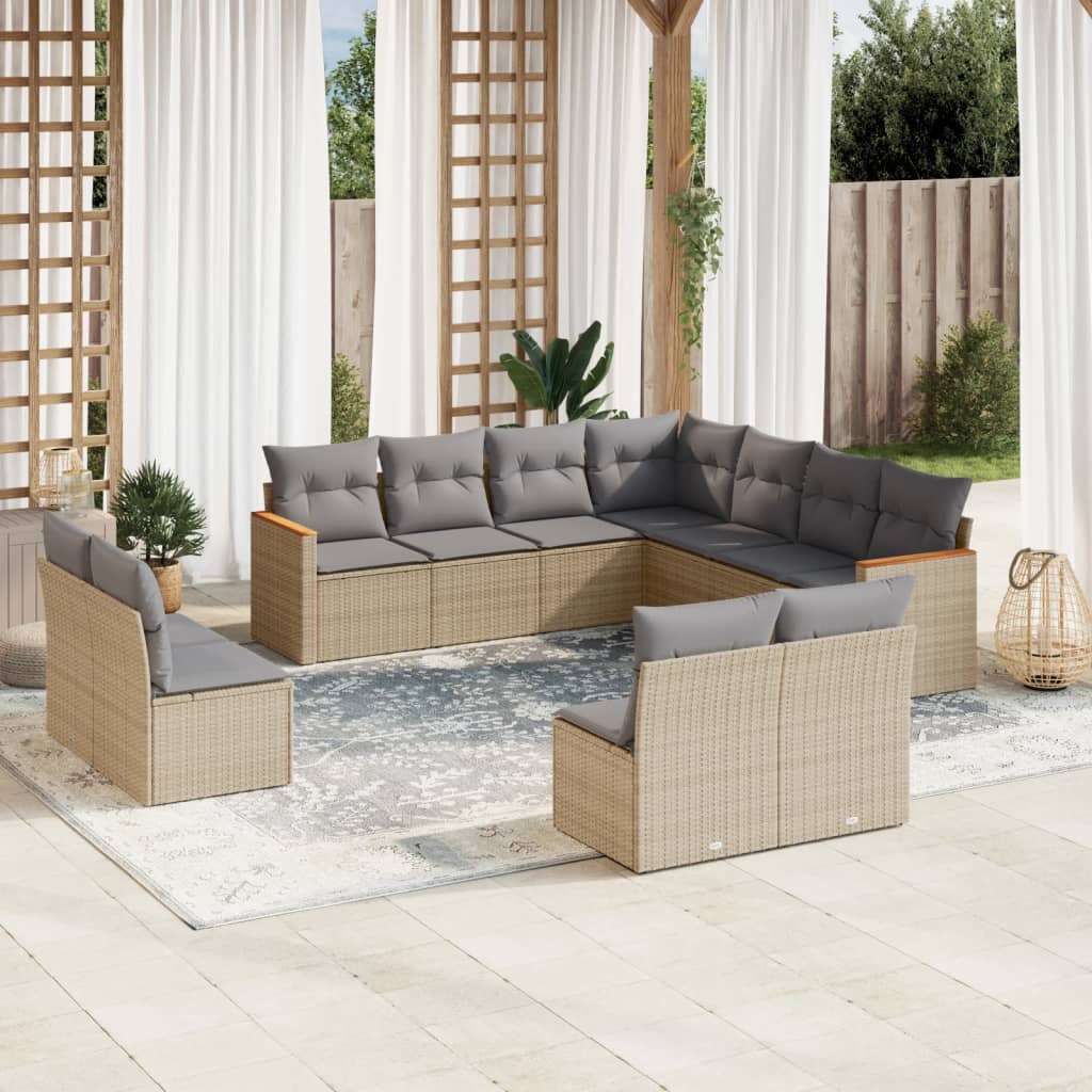 11-delige Tuinset met kussens poly rattan beige