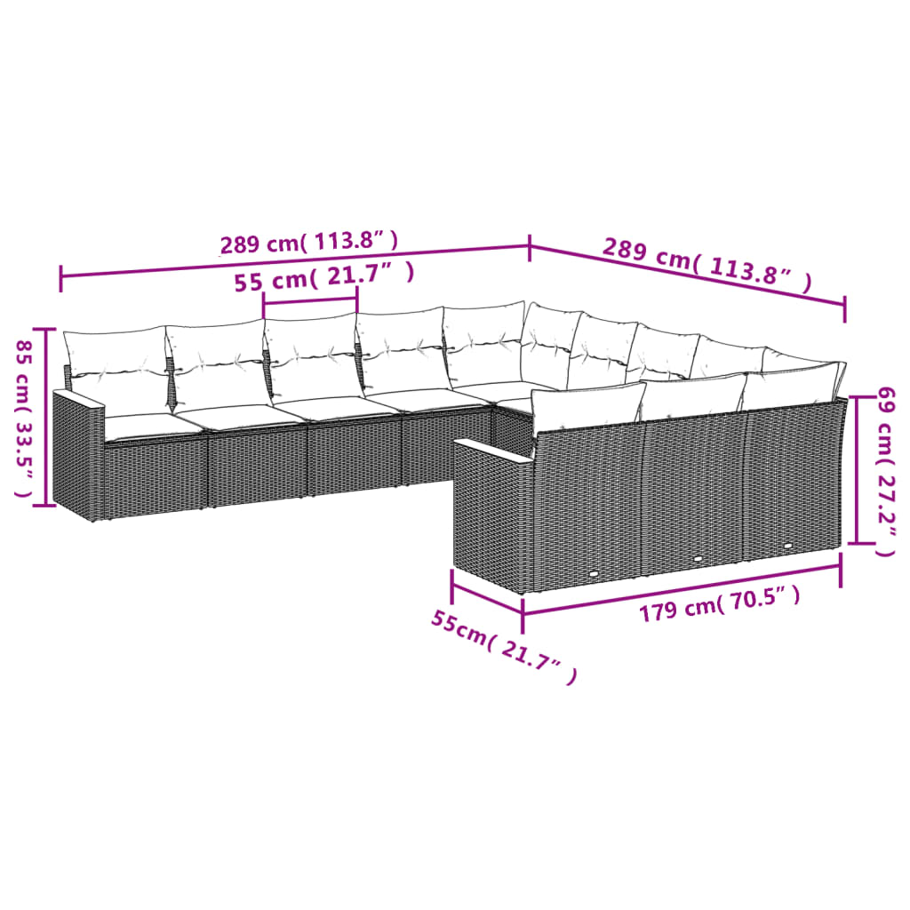 11-delige Tuinset met kussens poly rattan beige