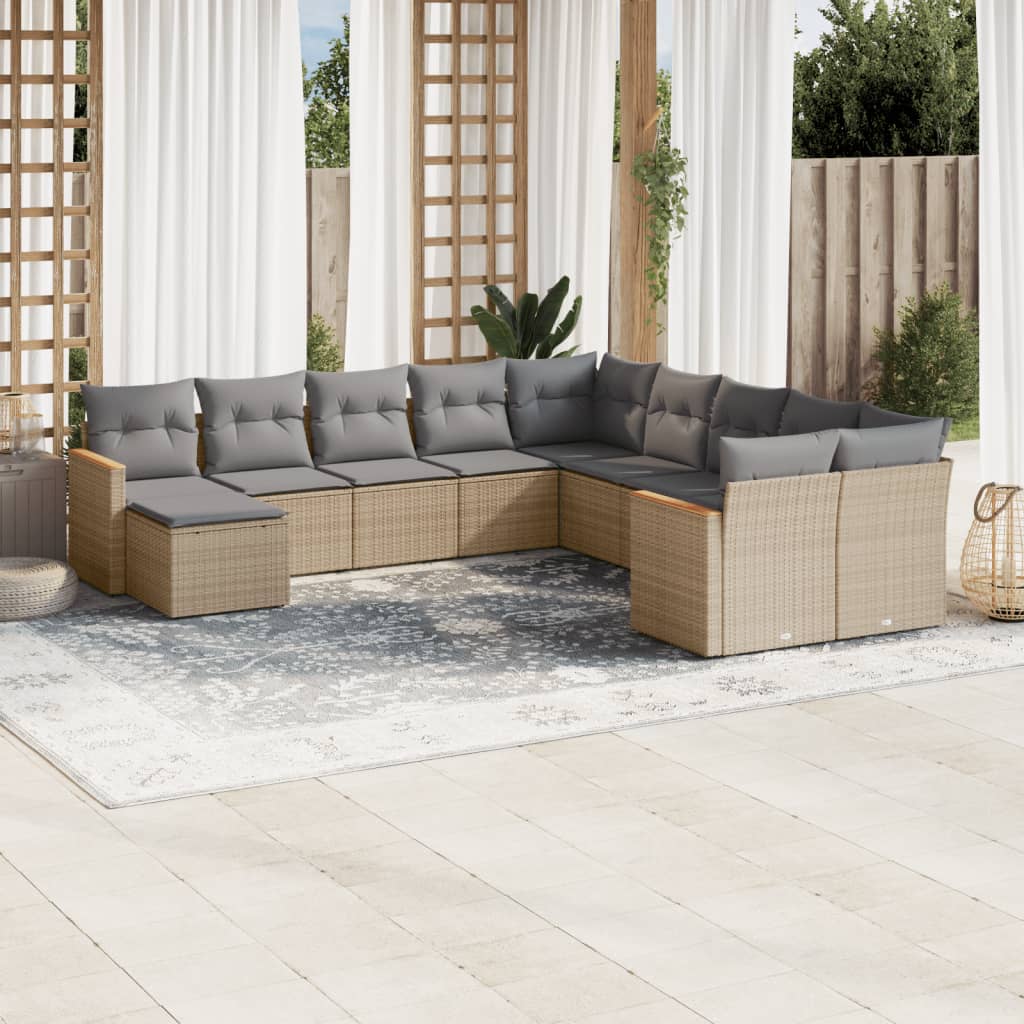 11-delige Tuinset met kussens poly rattan beige