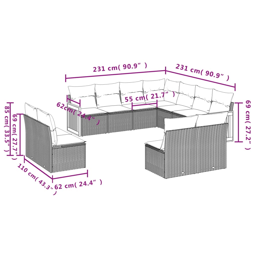 11-delige Tuinset met kussens poly rattan beige