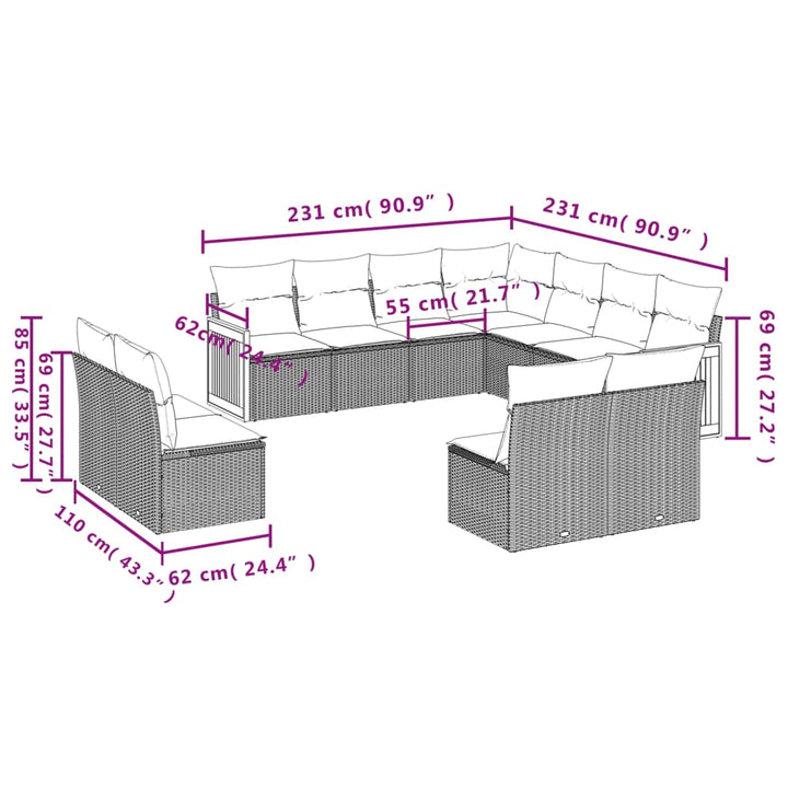 11-delige Tuinset met kussens poly rattan beige