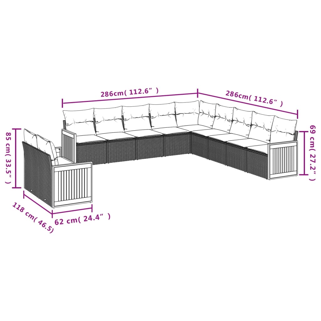 11-delige Tuinset met kussens poly rattan beige