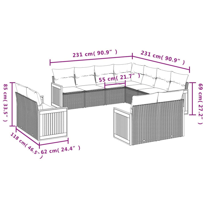 11-delige Tuinset met kussens poly rattan beige