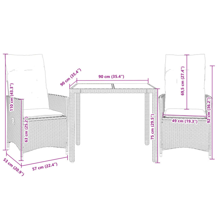 3-delige Bistroset met kussens poly rattan en acaciahout zwart