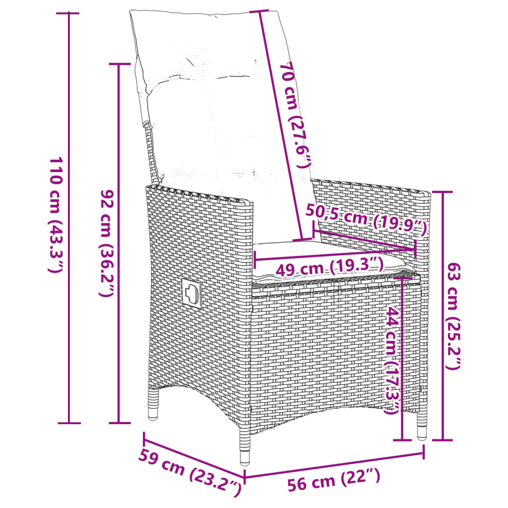 3-delige Bistroset met kussens poly rattan en acaciahout zwart