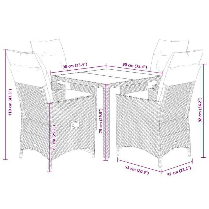 5-delige Tuinset met kussens poly rattan zwart