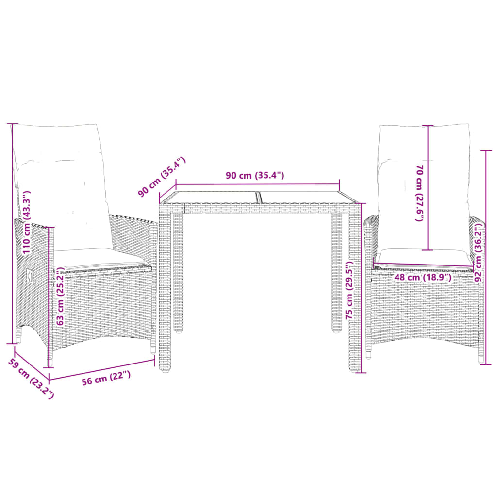 3-delige Bistroset met kussens poly rattan zwart