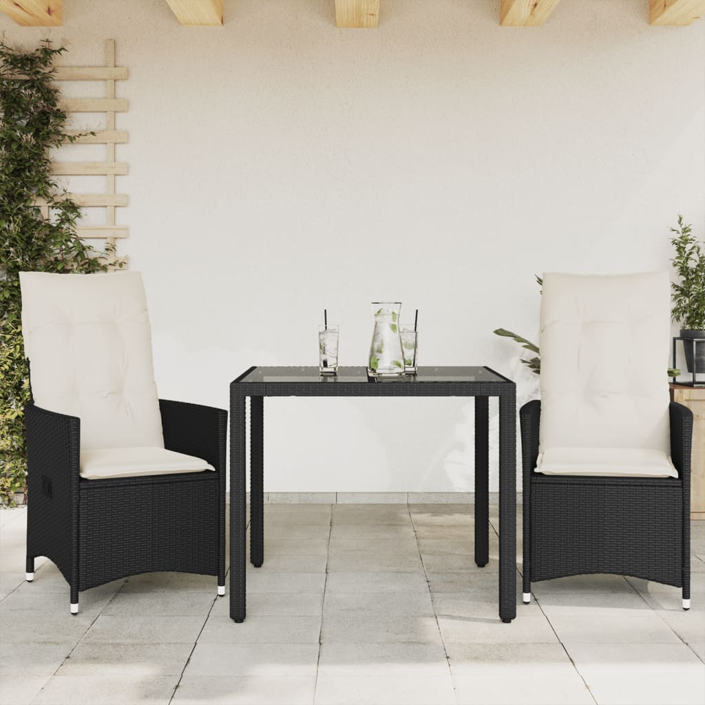 3-delige Bistroset met kussens poly rattan zwart