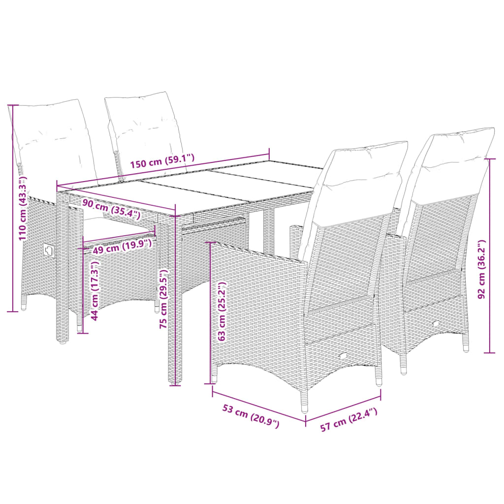 5-delige Tuinset met kussens poly rattan zwart