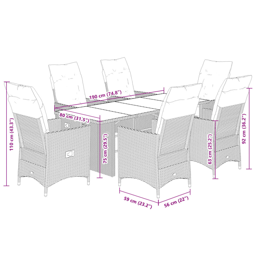 7-delige Tuinset met kussens poly rattan zwart