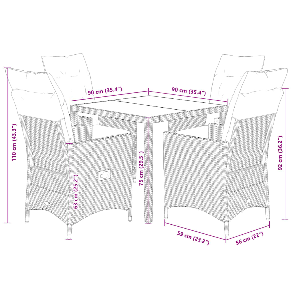 5-delige Tuinset met kussens poly rattan bruin