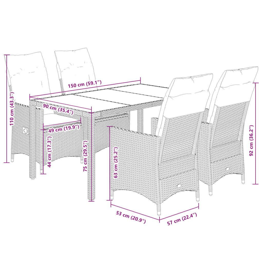 5-delige Tuinset met kussens poly rattan bruin