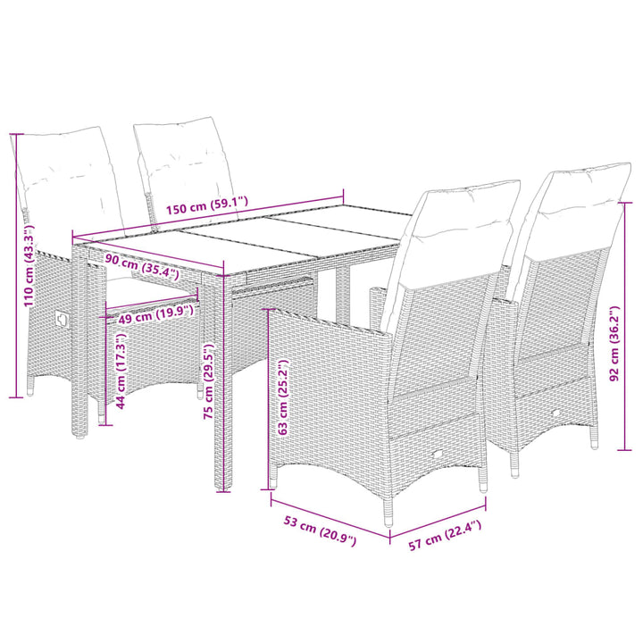 5-delige Tuinset met kussens poly rattan bruin