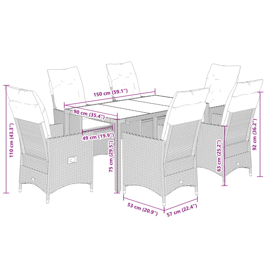 7-delige Tuinset met kussens poly rattan bruin