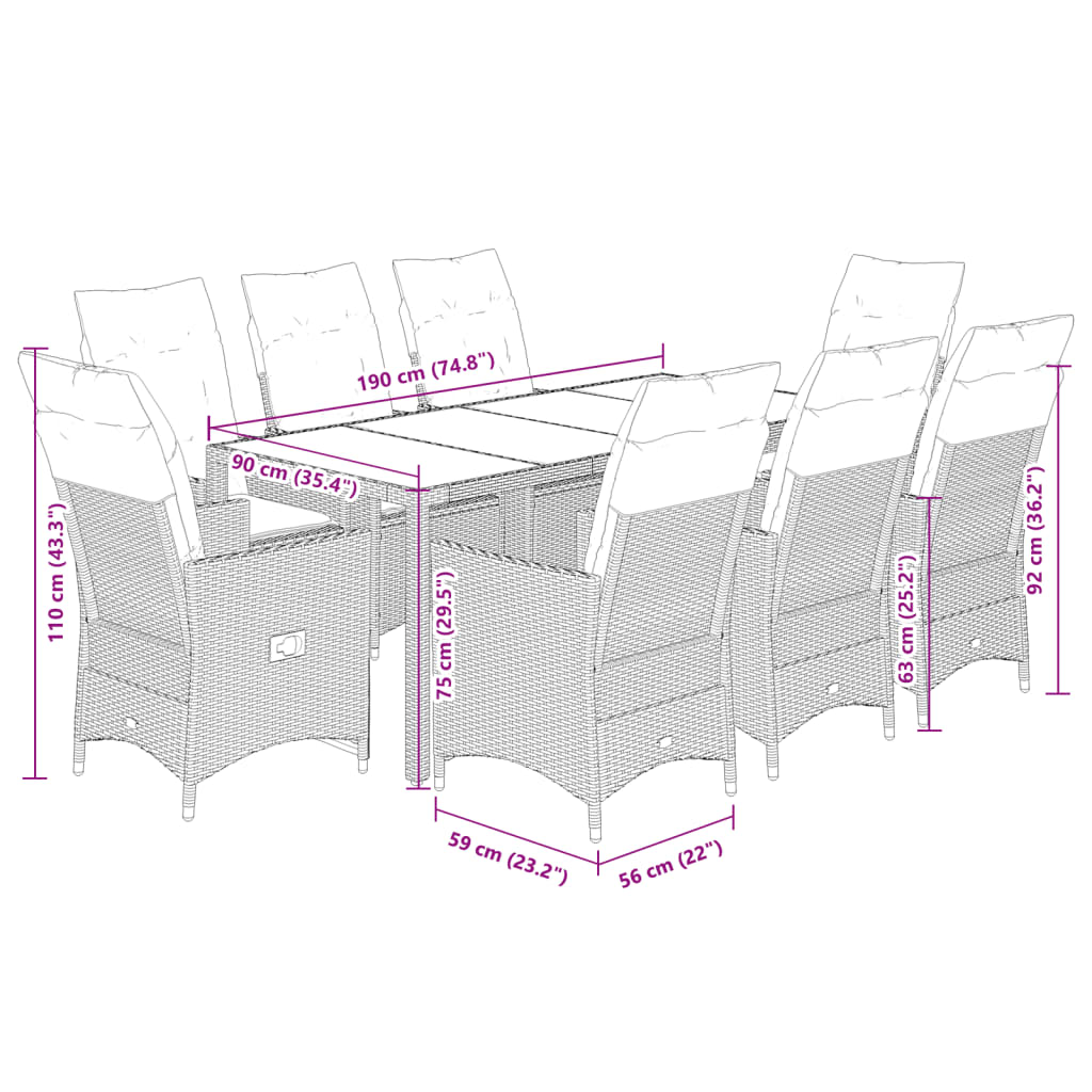 9-delige Tuinset met kussens poly rattan bruin