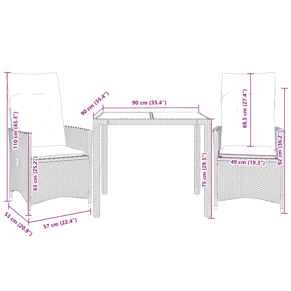 3-delige Bistroset met kussens poly rattan beige