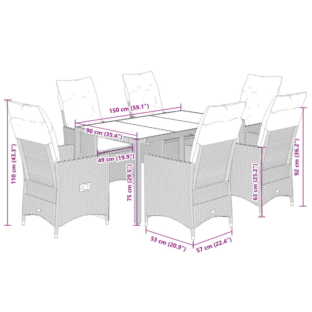 7-delige Tuinset met kussens poly rattan beige