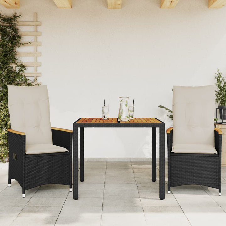 3-delige Bistroset met kussens poly rattan zwart