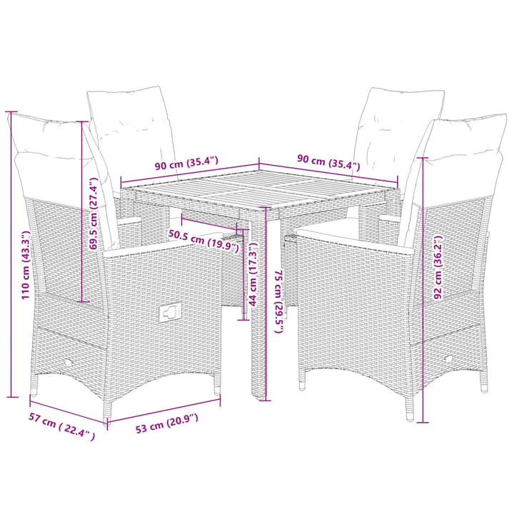 5-delige Tuinset met kussens poly rattan zwart