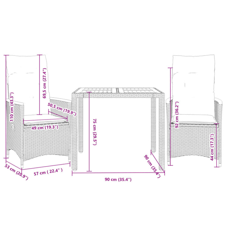 3-delige Bistroset met kussens poly rattan grijs