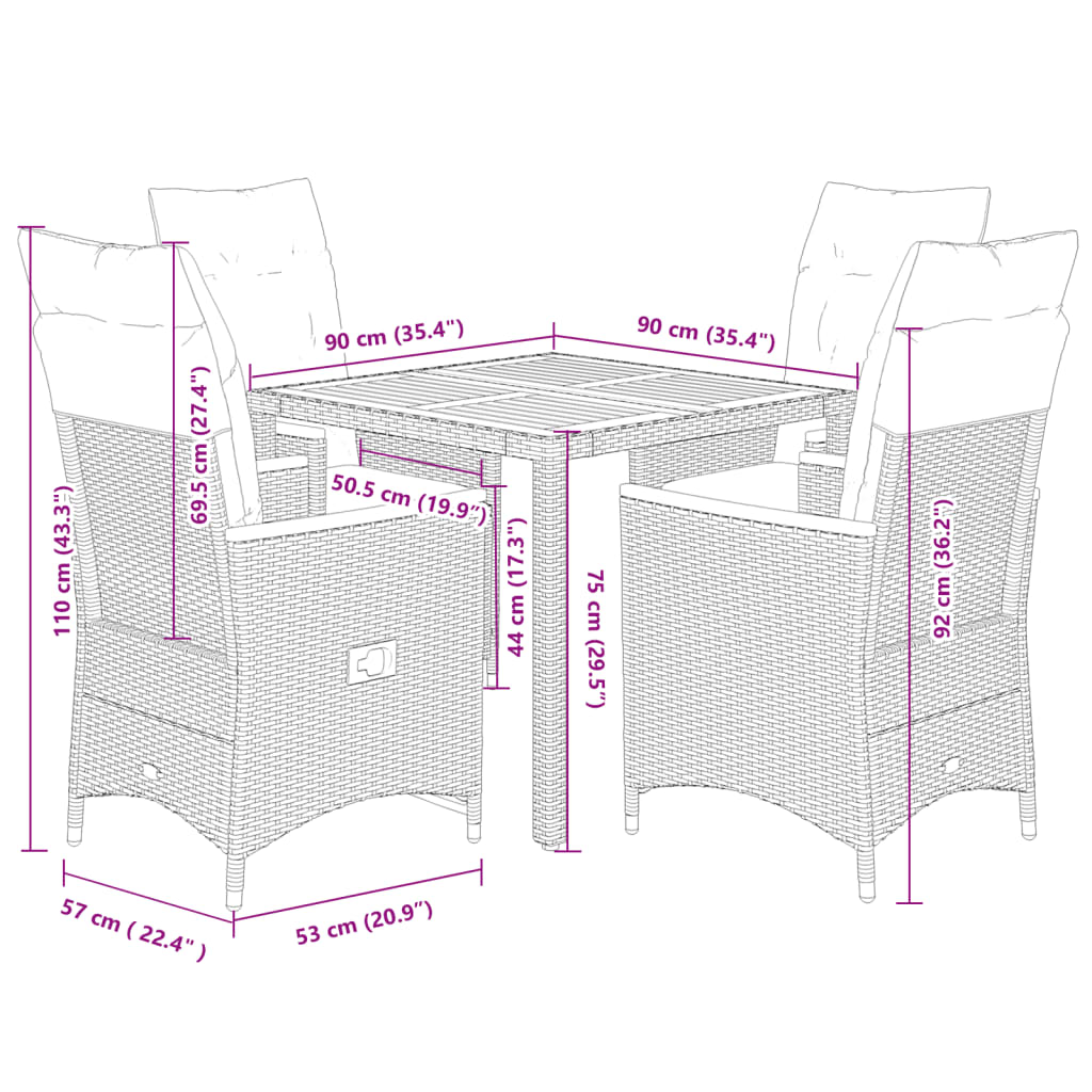 5-delige Tuinset met kussens poly rattan grijs