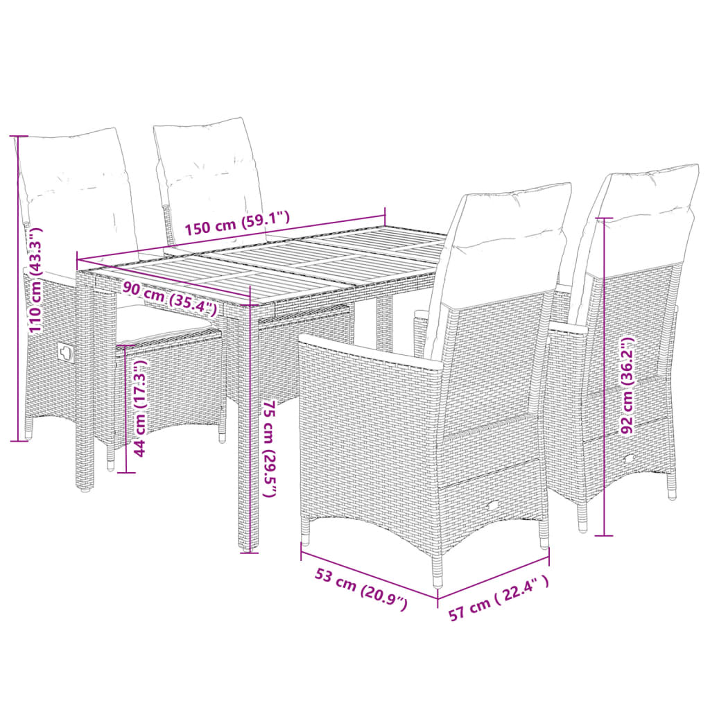 5-delige Tuinset met kussens poly rattan grijs