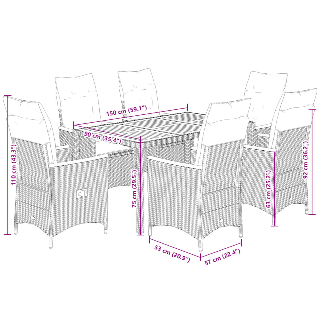 7-delige Tuinset met kussens poly rattan grijs