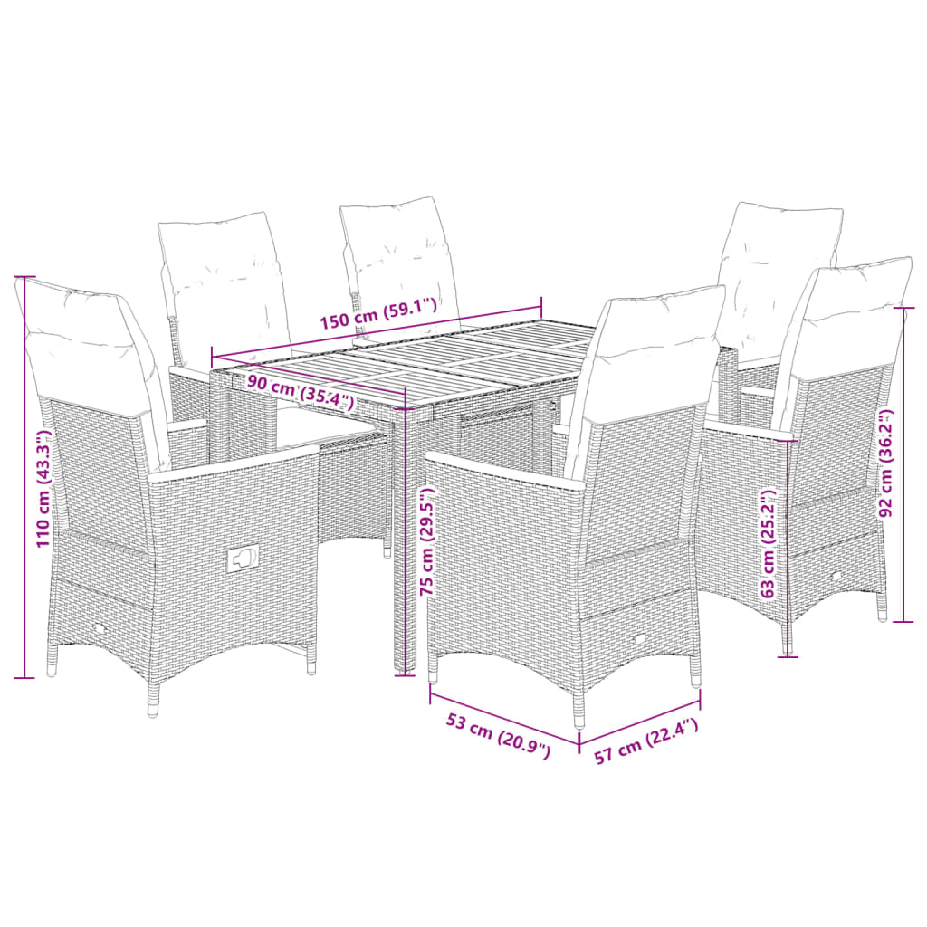 7-delige Tuinset met kussens poly rattan grijs