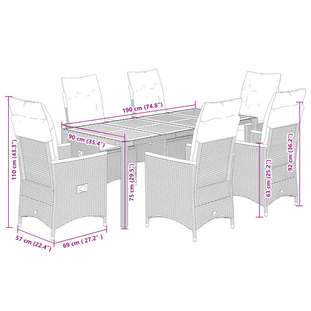 7-delige Tuinset met kussens poly rattan grijs