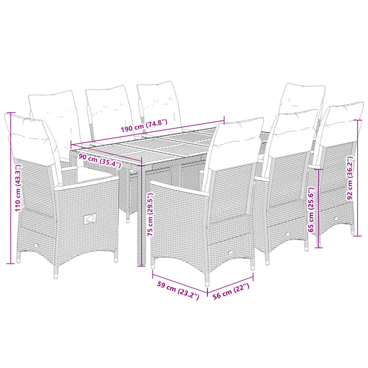 9-delige Tuinset met kussens poly rattan grijs