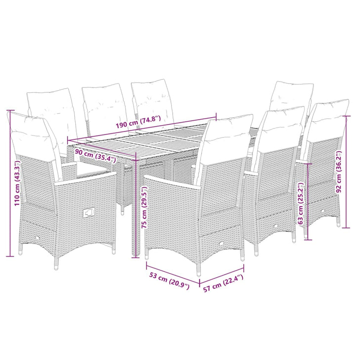 9-delige Tuinset met kussens poly rattan grijs