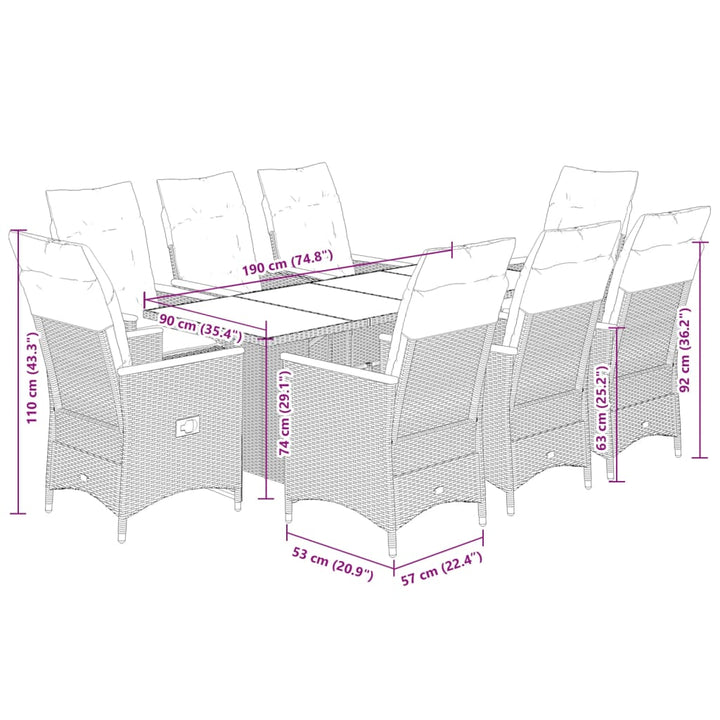 9-delige Tuinset met kussens poly rattan grijs