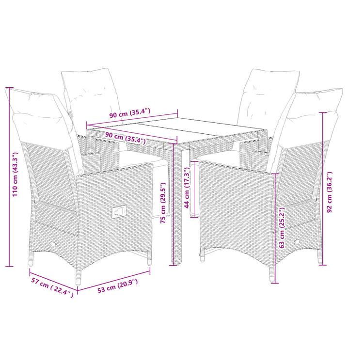 5-delige Tuinset met kussens poly rattan zwart