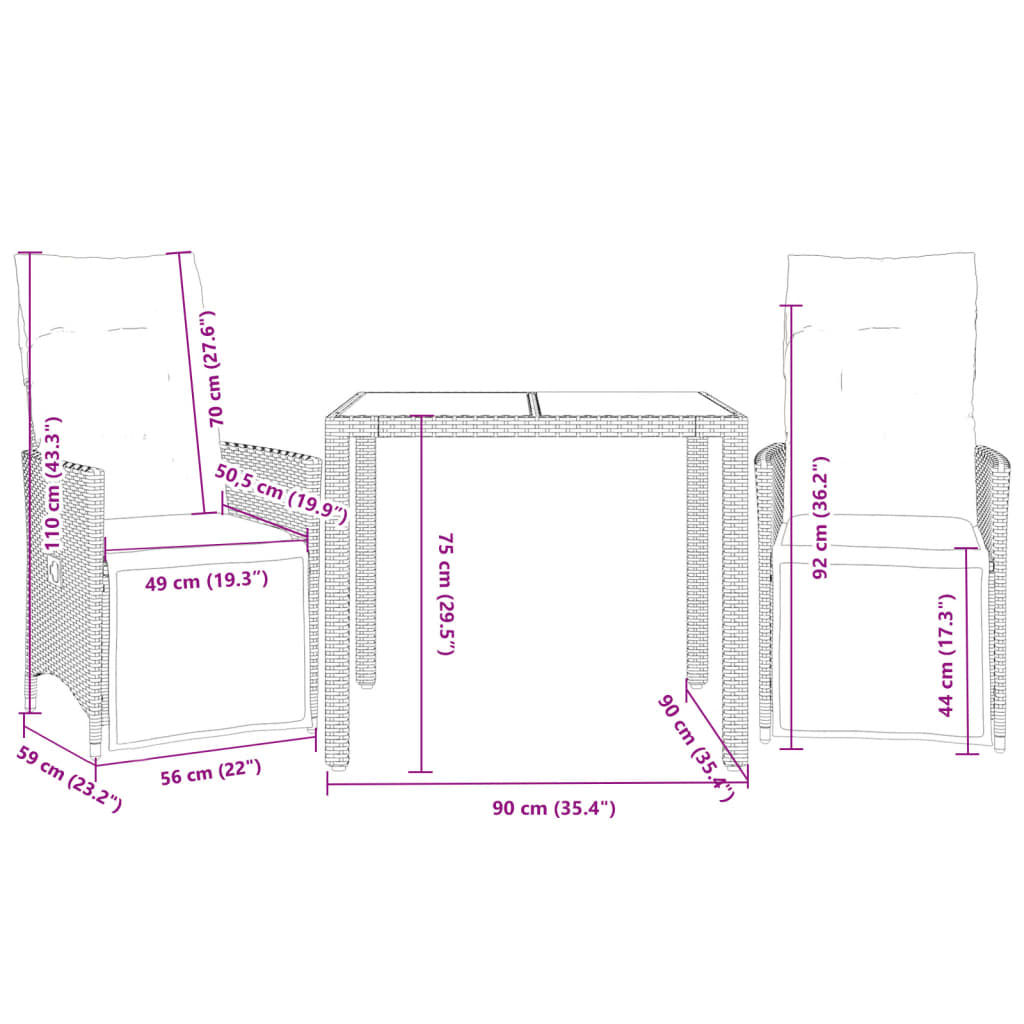 3-delige Bistroset met kussens poly rattan grijs