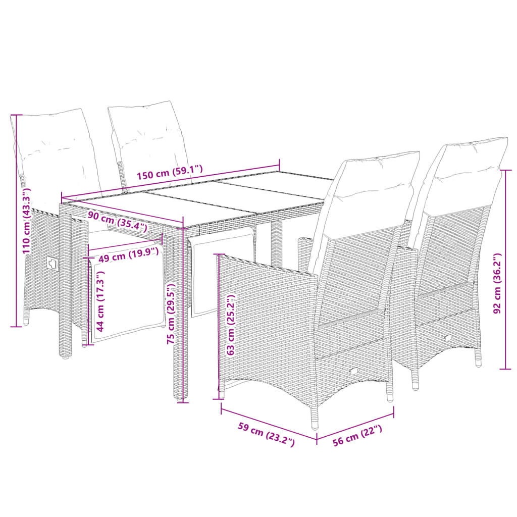 5-delige Bistroset met kussens poly rattan grijs