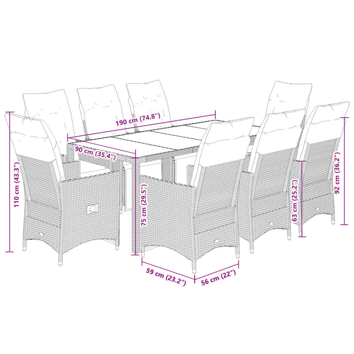 9-delige Bistroset met kussens poly rattan grijs